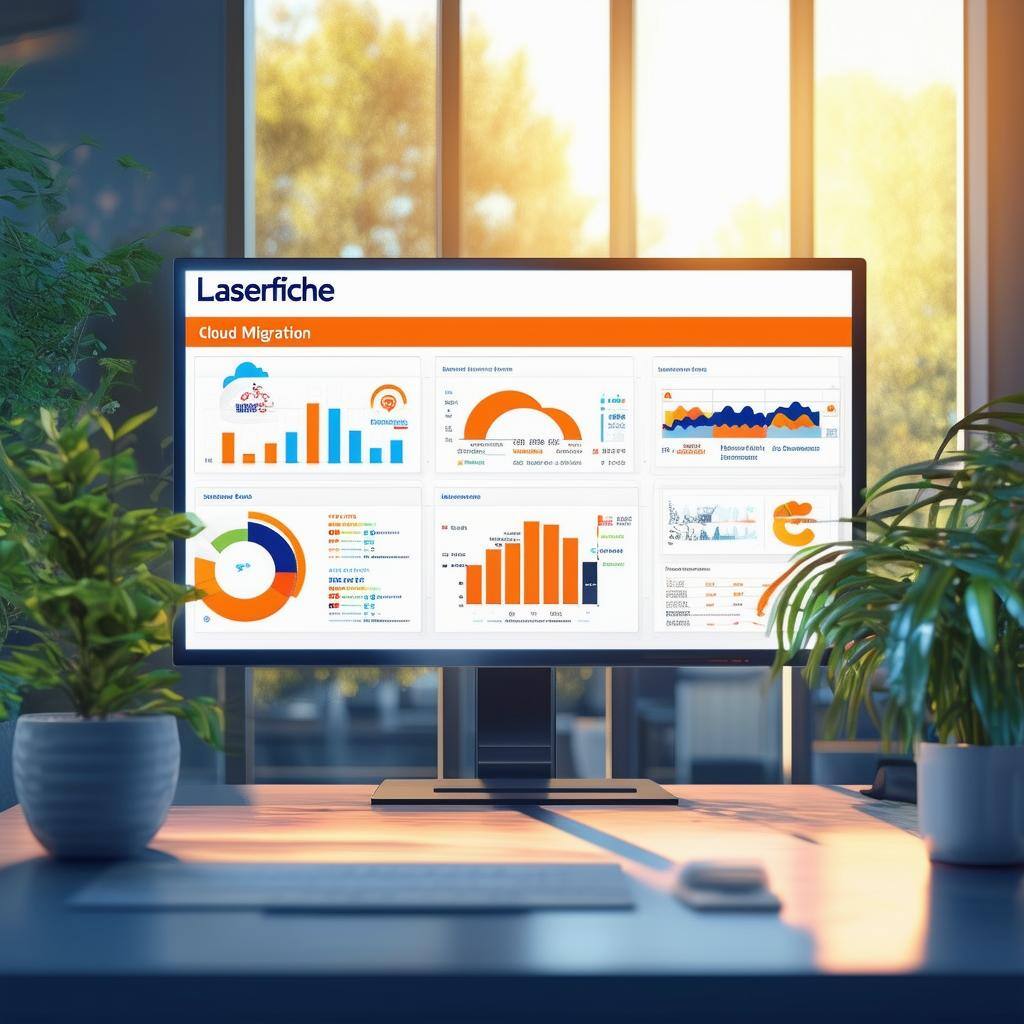 The image depicts a modern office environment, with a sleek desk featuring a highresolution monitor displaying a vibrant dashboard of Laserfiche softw The image depicts a modern office environment, with a sleek desk featuring a highresolution monitor displaying a vibrant dashboard of Laserfiche softw